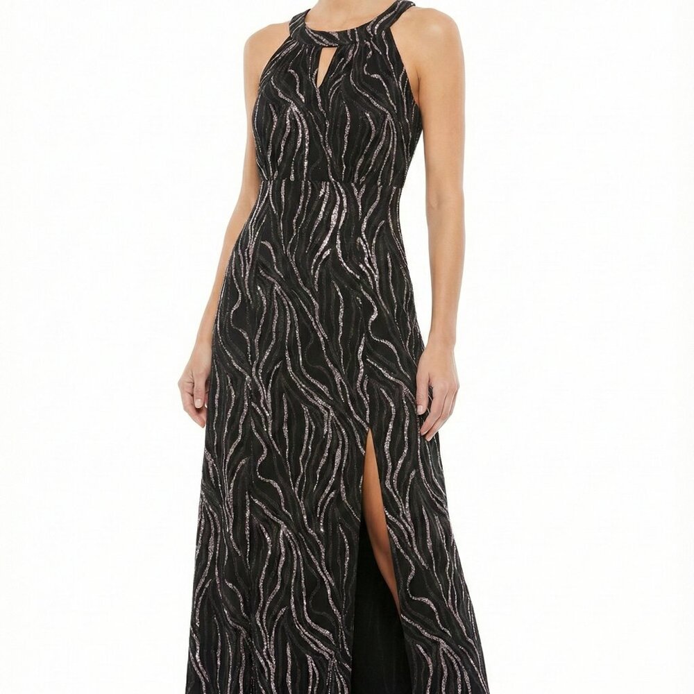 NWT Alexa B Size 12P Black Metallic Print Sleeveless Midi Maxi Dress Petite